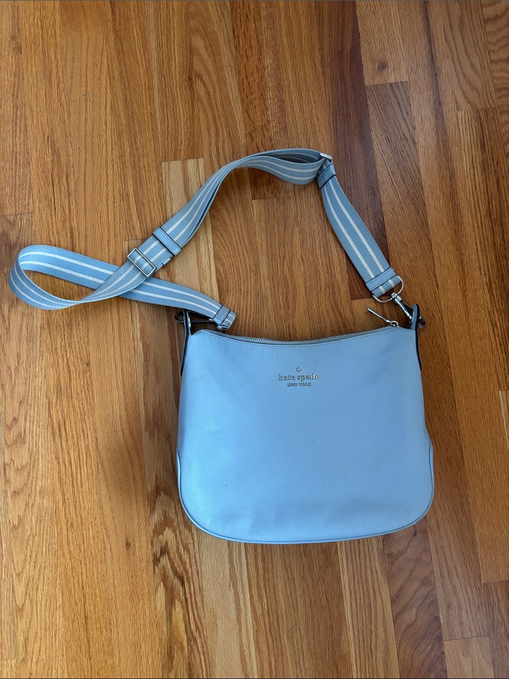 kate spade Powder Blue Leather Crossbody with Striped Strap